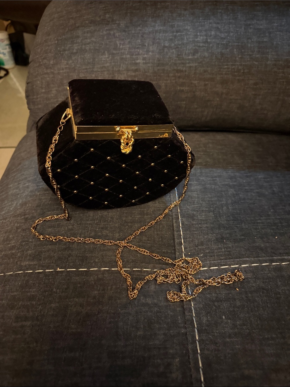 Black Quilted Velvet Evening Wristlet with Gold Chain